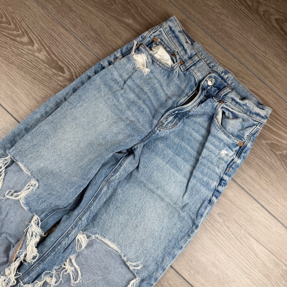 American Eagle Womens Jeans Highest Rise Baggy Straight Distressed Blue Size 0